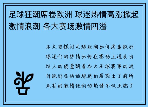 足球狂潮席卷欧洲 球迷热情高涨掀起激情浪潮 各大赛场激情四溢