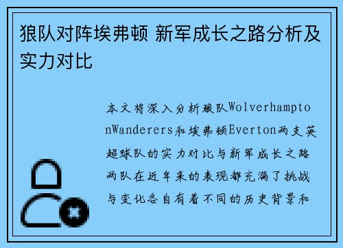 狼队对阵埃弗顿 新军成长之路分析及实力对比